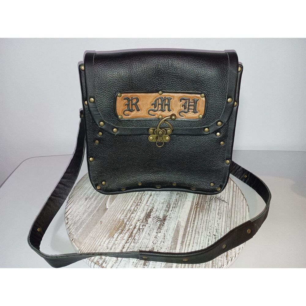 Monogram RMH -  Black Studded Leather Crossbody Bag/Purse (10 X 9 Inches)